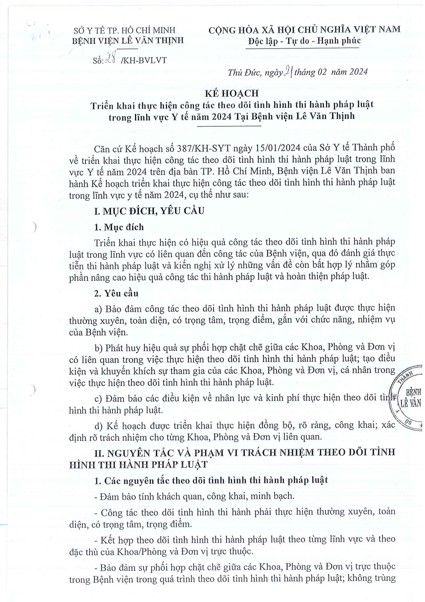 Kế hoạch triển khai theo dõi tình hình thực hiện pháp luật tại Bệnh viện