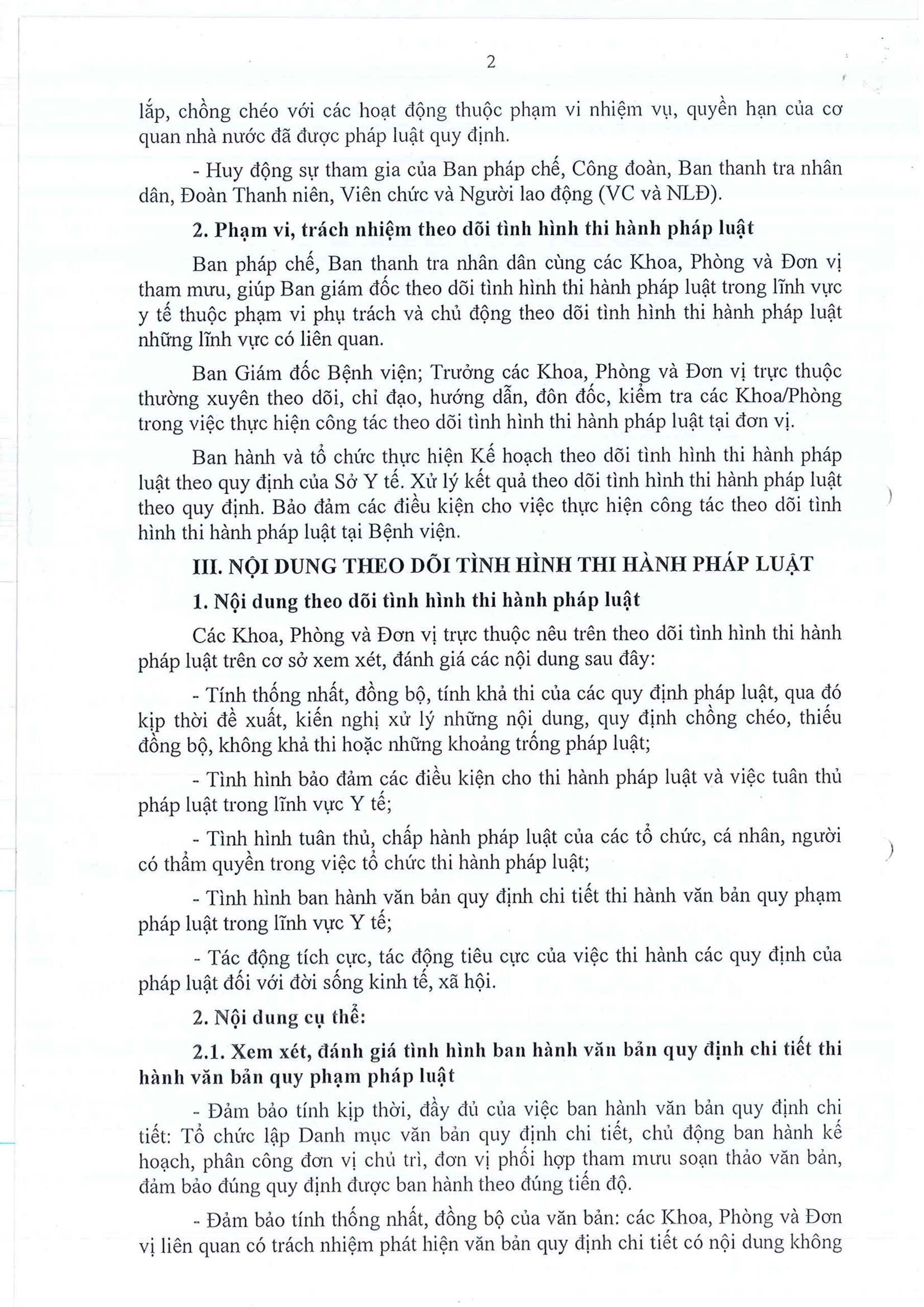Kế hoạch triển khai theo dõi tình hình thực hiện pháp luật tại Bệnh viện